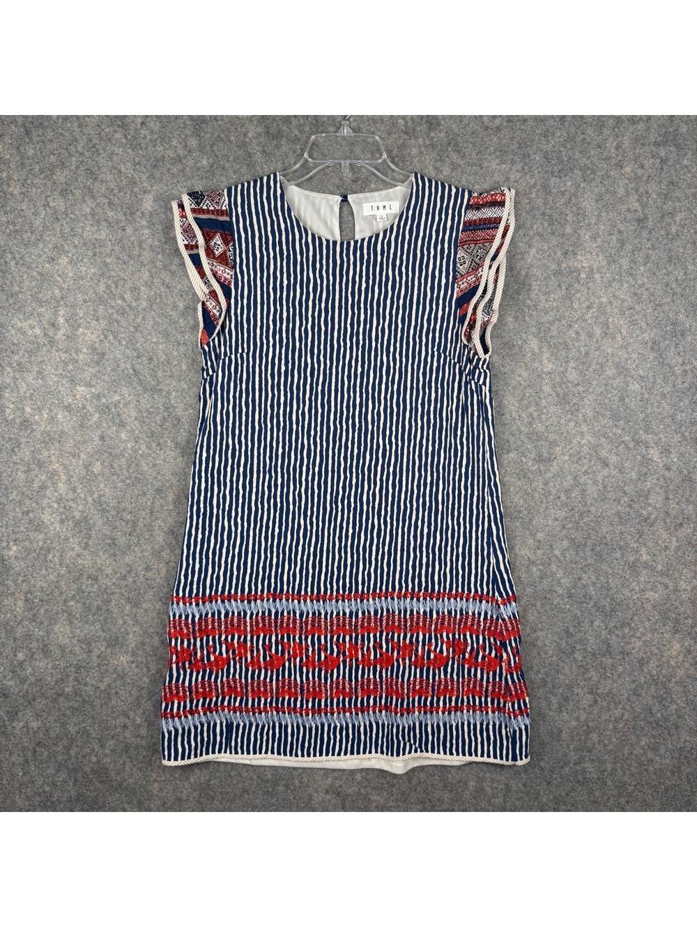 THML Flutter Sleeve Shift Dress Navy White Coral Taupe Stripe Embroidered Large